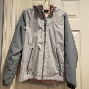 North Face color block gray and pink rain jacket women’s size M